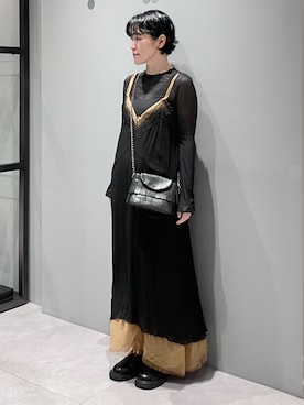 「HIROKO HAYASHI（ヒロコハヤシ）のFRANGIA（フランジャ）ミニショルダーバッグ（ショルダーバッグ、ブラック系）」を使った、mc_hhさん（レディース・156cm）の秋コーディネート