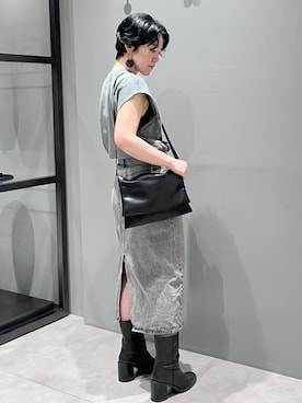 「HIROKO HAYASHI（ヒロコハヤシ）のMAMELI（マメリ）ショルダーバッグ（ショルダーバッグ、ブラック系）」を使った、mc_hhさん（レディース・156cm）の夏コーディネート