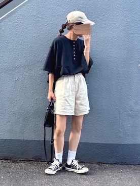 「newhattan（ニューハッタン）のアイテム（キャップ）」を使った、pisa.さん（レディース・158cm）の夏コーディネート