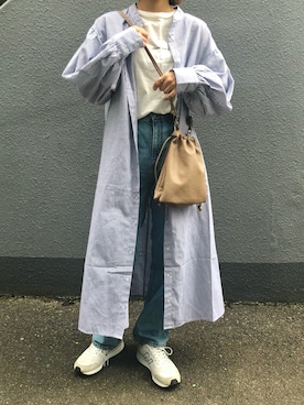 「巾着バッグ」｜「アイテム（シャツワンピース）」を使った、pisa.さん（レディース・158cm）の春コーディネート