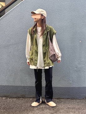 「アイテム（ベスト、グリーン系）」を使った、pisa.さん（レディース・158cm）の秋コーディネート