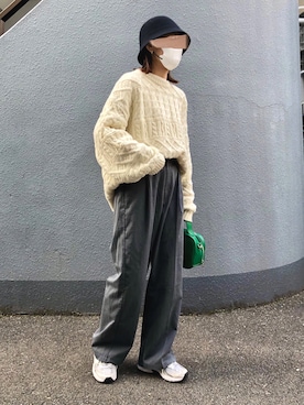 「ケーブルニット」｜「アイテム（スラックス）」を使った、pisa.さん（レディース・158cm）の春コーディネート