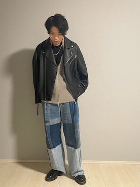 「アイテム（ライダースジャケット）」を使った、UW168さん（メンズ・175cm）の冬コーディネート