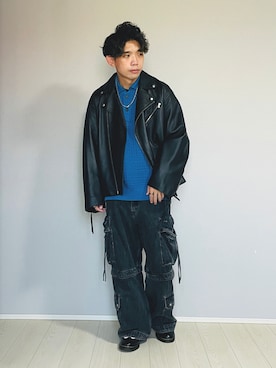 「重ね着ベストシーズン」｜「アイテム（ライダースジャケット）」を使った、UW168さん（メンズ・175cm）の秋コーディネート