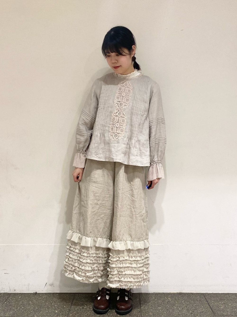 【マロン】タグ付　ツハルバイサマンサモスモス　リネン裾シフォンフリルパンツ TSUHARU by Samansa Mos2（ツハルバイサマンサモスモス）の