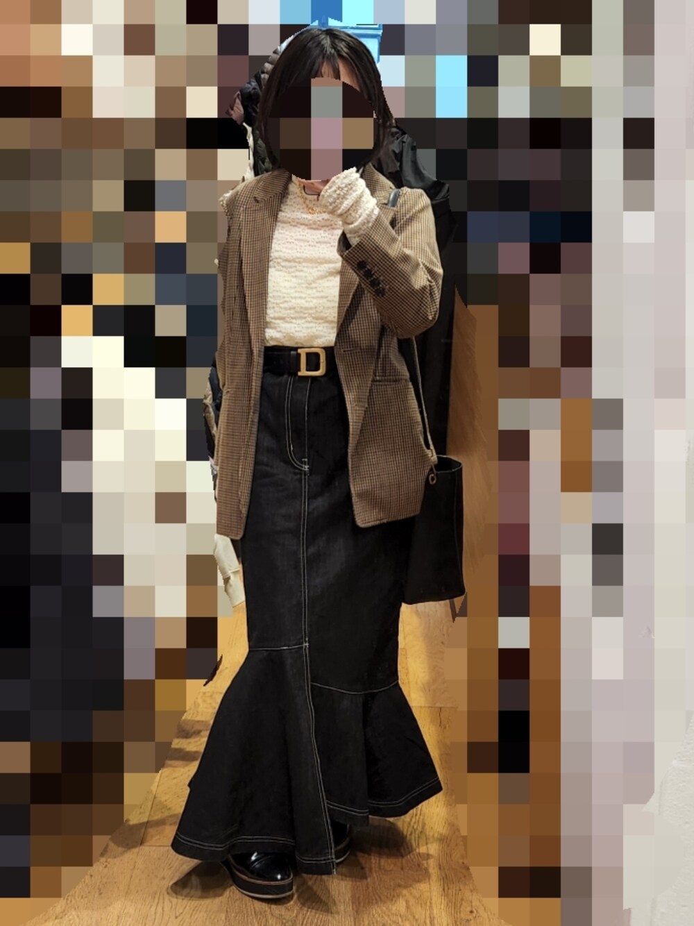「秋ルック紹介するよ、休日コーデ、休日スタイル、低身長、低身長コーデ、オトナカワイイ、厚底シューズ、きれいめカジュアル、ロングスカート、とっておきの秋コーデ、デニムスカート、ジャケットスタイル、チェック、骨格ウェーブ、マーメイドスカート」｜「N WITH.のレーストップス（Tシャツ/カットソー、ホワイト系）」を使った、みかん大福さん（レディース・148cm）の秋コーディネートの1枚目の写真