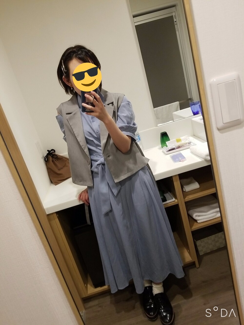 「低身長、夏ワンピース、低身長女子、大人コーデ、ワンピース、ワンピーススタイル、無地、リボン、ベスト」｜「Chicoのショート丈サイドベルトジャケットベスト（ベスト、グレー系）」を使った、みかん大福さん（レディース・148cm）の夏コーディネートの1枚目の写真