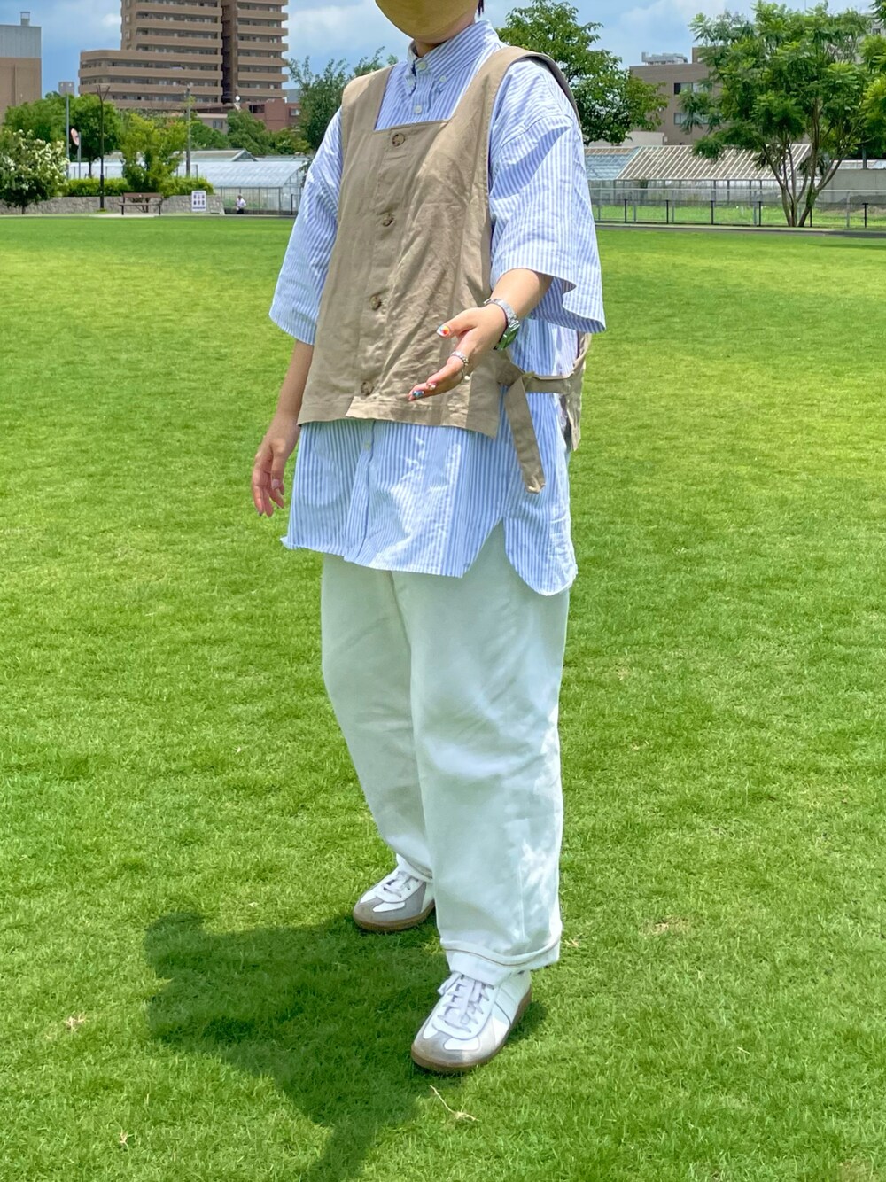 「夏コーデ、ootd、パンツスタイル、低身長、今日のコーデ、ボーダー、メンズライク」｜「X-girlのアイテム（デニムパンツ、ホワイト系）」を使った、tonyunomiteeさん（レディース・158cm）の夏コーディネートの1枚目の写真