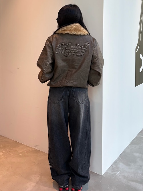 EMBOSSED LOGO PATCH DISTRESSED FAUX LEATHER JACKET（ブルゾン）｜X