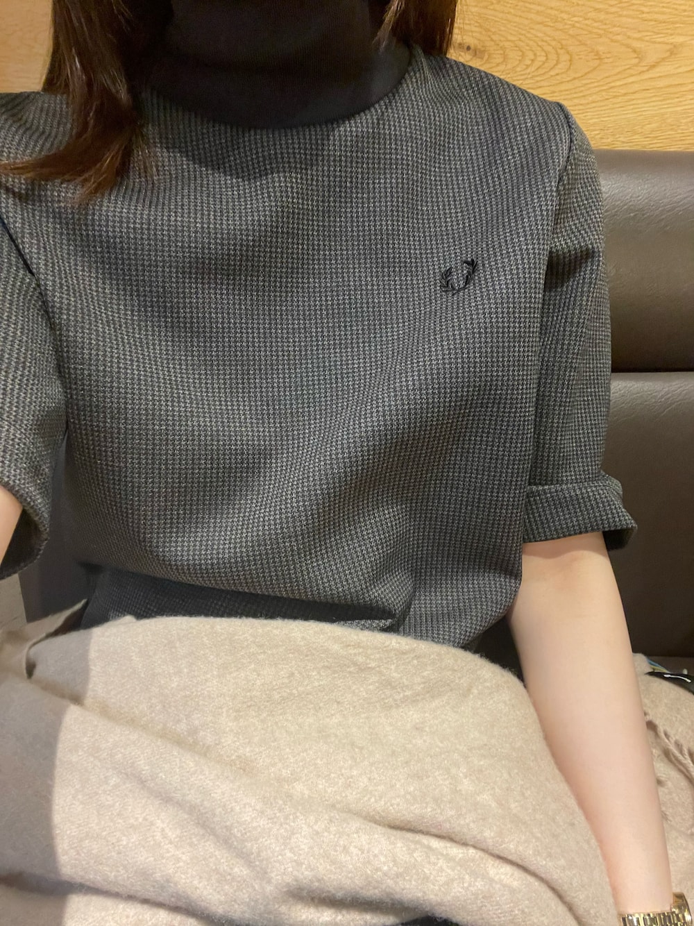 「FRED PERRYのHigh neck Jacquard Dress（ワンピース、ブラック系）」を使った、hinyuugohanさん（レディース・156cm）の春コーディネートの1枚目の写真