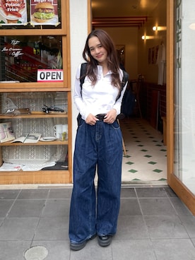 「Ungrid（アングリッド）のシアーヘンリーロンTee（Tシャツ/カットソー、ホワイト系）」を使った、関 侑梨乃さん（レディース・156cm）の春コーディネート