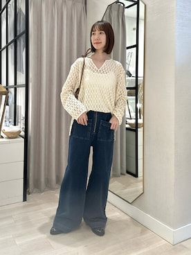 「Omekashi（オメカシ）のスウェットデニムフレアパンツ（デニムパンツ、ブルー系）」を使った、chihomakinoさん（レディース・156cm）の春コーディネート