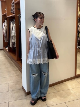 「LOWRYS FARM（ローリーズファーム）のレースサテンキャミ 1049036（キャミソール、ブルー系）」を使った、tantanさん（レディース・150cm）の夏コーディネート