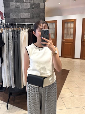 「LOWRYS FARM（ローリーズファーム）のボーダーカットギャザーパンツ  1056895（その他パンツ、ホワイト系）」を使った、tantanさん（レディース・150cm）の夏コーディネート
