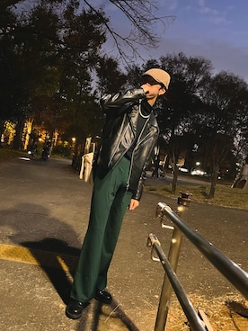 「古着好きな人と繋がりたい」｜「アイテム（ライダースジャケット）」を使った、K☺︎ さん（メンズ・175cm）の冬コーディネート