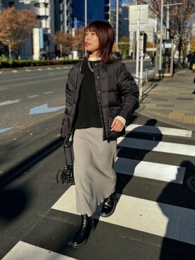 「巾着バッグ」｜「アイテム（ダウンジャケット/コート）」を使った、まっしーさん（レディース・157cm）の冬コーディネート