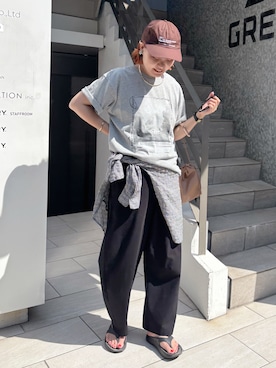 「アイテム（帽子、ブラウン系）」を使った、remiさん（レディース・168cm）の夏コーディネート