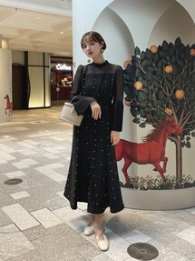 セール】【LEJA】パールビジュー付き透け感プリーツフレア