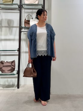 「Jena espace merveilleux(ジェナ エスパスメルヴェイユ)の【サラサラ半袖デニム】テンセルフレンチシャツ(Shirts、ブルー系)」を使った、Mikiさん(レディース・163cm)の夏コーディネート