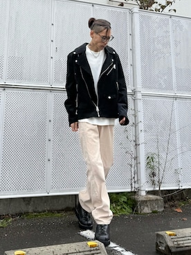 「アイテム（ライダースジャケット）」を使った、jinnnさん（メンズ・174cm）の秋コーディネート