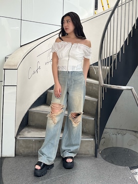 「アイテム（デニムパンツ）」を使った、原田玲奈さん（レディース・153cm）の夏コーディネート