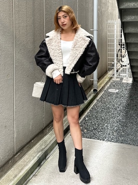 「アウターコーデ」｜「アイテム（ムートンコート）」を使った、原田玲奈さん（レディース・153cm）の秋コーディネート