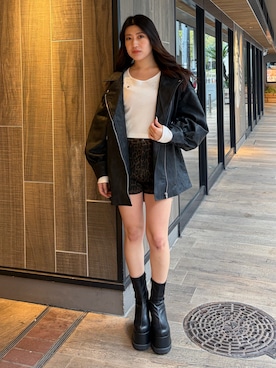 「EVRIS（エヴリス）のアイテム（トップス）」を使った、原田玲奈さん（レディース・153cm）の春コーディネート