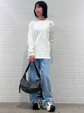 「adidas（アディダス）のアディブレイク ミッドライズ ワイドレッグ デニムパンツ / アディダスオリジナルス adidas Originals（デニムパンツ、ブルー系）」を使った、RHさん（レディース・158cm）の夏コーディネート
