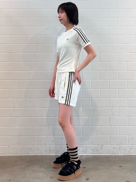 「adidas（アディダス）のテリータオル ファイヤーバード ショーツ  / ハーフパンツ / アディダスオリジナルス adidas Originals（その他パンツ、ホワイト系）」を使った、RHさん（レディース・158cm）の夏コーディネート
