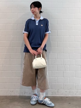 「adidas（アディダス）のワッフル ニット ポロシャツ / アディダスオリジナルス adidas Originals（ポロシャツ、ブルー系）」を使った、RHさん（レディース・158cm）の夏コーディネート