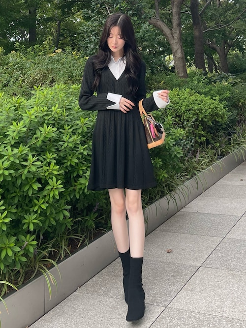 オリジナルカレッジロゴシャツ付ケーブルニットミニフレアワンピース