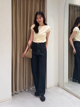 「CAPRICIEUX LE'MAGE（カプリシューレマージュ）の1ポイントボートネックT（Tシャツ/カットソー、イエロー系）」を使った、kyom_98さん（レディース・163cm）の春コーディネート