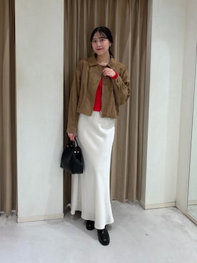 「CAPRICIEUX LE'MAGE（カプリシューレマージュ）のスエードショートジャケット（ブルゾン、ベージュ系）」を使った、kyom_98さん（レディース・163cm）の秋コーディネート