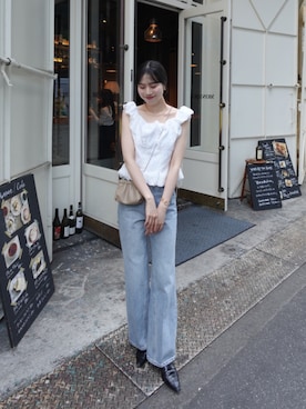 「CAPRICIEUX LE'MAGE（カプリシューレマージュ）のジャガードバルーンタンク（シャツ/ブラウス、ホワイト系）」を使った、kyom_98さん（レディース・163cm）の春コーディネート