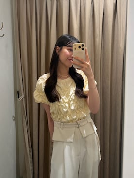「CAPRICIEUX LE'MAGE（カプリシューレマージュ）の【新色イエロー・チャコールグレー】シャーリングホイップＴ（Tシャツ/カットソー、イエロー系）」を使った、kyom_98さん（レディース・163cm）の夏コーディネート