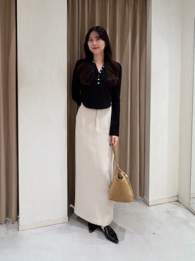 「CAPRICIEUX LE'MAGE（カプリシューレマージュ）のキーネックヘンリーT（Tシャツ/カットソー、ブラック系）」を使った、kyom_98さん（レディース・163cm）の秋コーディネート