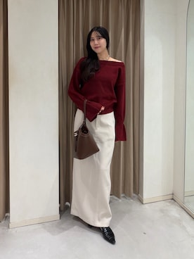 「CAPRICIEUX LE'MAGE（カプリシューレマージュ）の【もちふわシリーズ】もちふわWOOLボートネックニット（ニット/セーター、レッド系）」を使った、kyom_98さん（レディース・163cm）の秋コーディネート