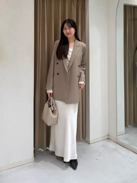 「CAPRICIEUX LE'MAGE（カプリシューレマージュ）の【サイズ展開あり/新色ツイード・チェック】Wテーラージャケット（テーラードジャケット、ベージュ系）」を使った、kyom_98さん（レディース・163cm）の秋コーディネート