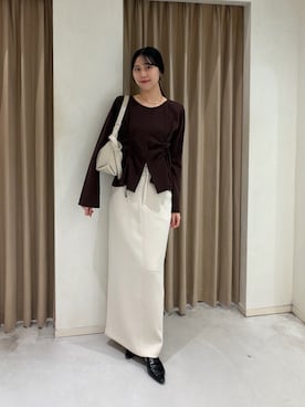 「CAPRICIEUX LE'MAGE（カプリシューレマージュ）の【新色/エクリュ・ブラウン】ドロストリブTシャツ（Tシャツ/カットソー、ブラウン系）」を使った、kyom_98さん（レディース・163cm）の秋コーディネート