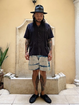 「estrellastandardのアイテム（シャツ/ブラウス、ブラック系）」を使った、mexikenさん（メンズ・176cm）の夏コーディネート