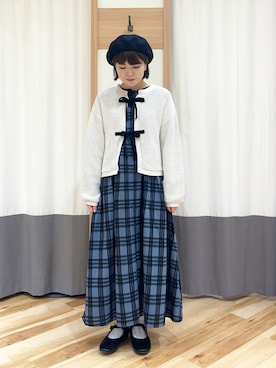 「チェックワンピース」｜「アイテム（ノーカラージャケット）」を使った、㋐ ㋳ ㋕ さん（レディース・155cm）の秋コーディネート