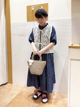 「Samansa Mos2（サマンサ モスモス）のモチーフレースベスト（ベスト）」を使った、㋐ ㋳ ㋕ さん（レディース・155cm）の夏コーディネート