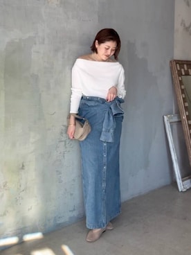 「RIVE DROITE（リヴドロワ）の予約【ワンショルやオフショルにも】ネックコンシャスカットソー（Tシャツ/カットソー、ホワイト系）」を使った、shihoさん（レディース・165cm）の春コーディネート