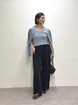 「RIVE DROITE（リヴドロワ）の【アンサンブル対応可】コットンリブカーディガン（カーディガン/ボレロ、ブルー系）」を使った、shihoさん（レディース・165cm）の春コーディネート