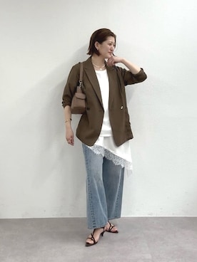 「RIVE DROITE（リヴドロワ）の予約【新色追加/ウォッシャブル】シアースラブオーバージャケット（テーラードジャケット、ブラウン系）」を使った、shihoさん（レディース・165cm）の春コーディネート