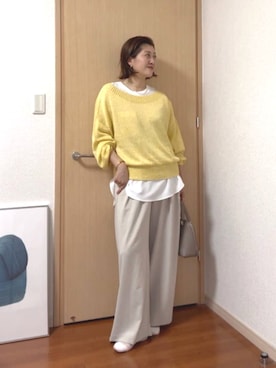 「RIVE DROITE（リヴドロワ）の【ワンショルやオフショルにも！】ペーパーMIXニット（ニット/セーター、イエロー系）」を使った、shihoさん（レディース・165cm）の春コーディネート