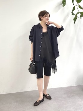 「RIVE DROITE（リヴドロワ）の予約【7色展開/日焼け・冷房対策/手洗い可】リネンワイドシャツ（シャツ/ブラウス、ブルー系）」を使った、shihoさん（レディース・165cm）の春コーディネート