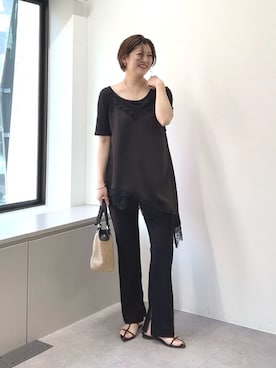 「RIVE DROITE（リヴドロワ）の【すっきり見え/通気性/帯電性/洗濯機洗い可】キュプラコットンテレコTee（Tシャツ/カットソー、ブラック系）」を使った、shihoさん（レディース・165cm）の春コーディネート