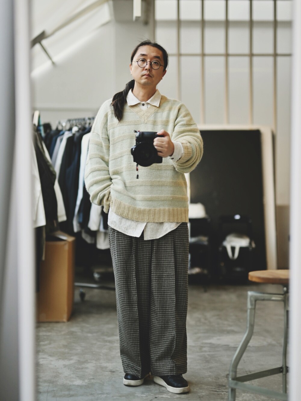 Bunさんの「Oversize V-neck border knit/オーバーサイズVネックボーダーニット（soerte）」を使ったコーディネート