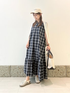 「URBAN RESEARCH（アーバンリサーチ）のサッカーチェックワンピース（ワンピース、ブルー系）」を使った、かなみさん（レディース・160cm）の夏コーディネート